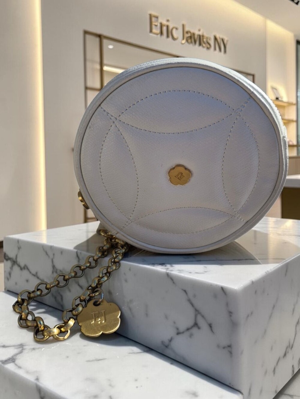 ERIC JAVITS White Round Leather Zip Around Gold Chain Wristlet